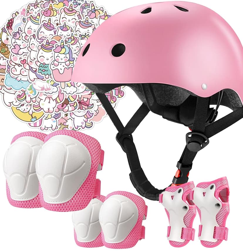 Kids Bike Helmet Pads with Knee Elbow Wrist Pads Guards,Toddler Adjustable Pink Helmet Girls Child with Unicorn Sticker
