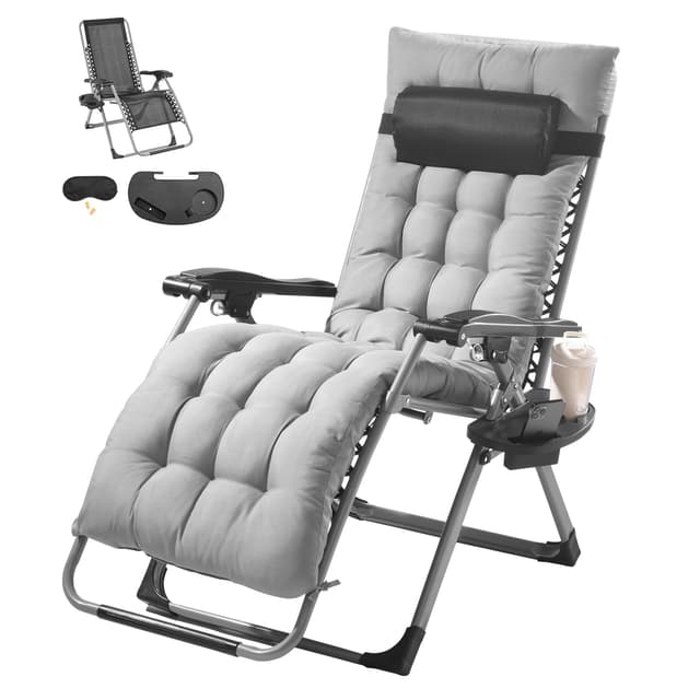 VEVOR Zero Gravity Chair, 26 inch Zero Gravity Recliner Lounge Chair for Indoor and Outdoor, Adjustable Anti Gravity Chair with Cushion, Headrest, Footrest, and Cupholder, 500 lbs, Gray