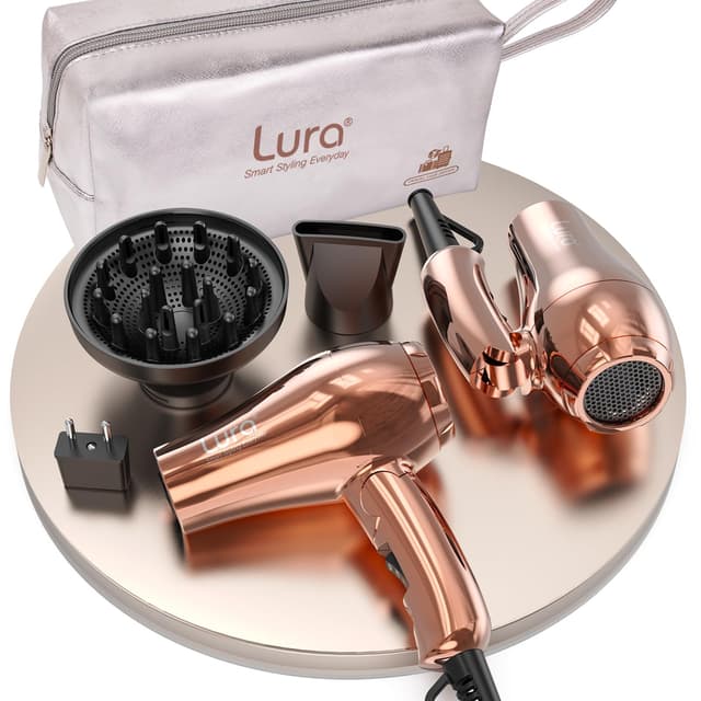 LURA Dual Voltage Travel Hair Dryer with Diffuser,Travel Blow Dryer Mini with EU Plug and UK Plug,Lightweight Portable Hairdryers with Folding Handle,1200W Compact Small Blowdryers for Women