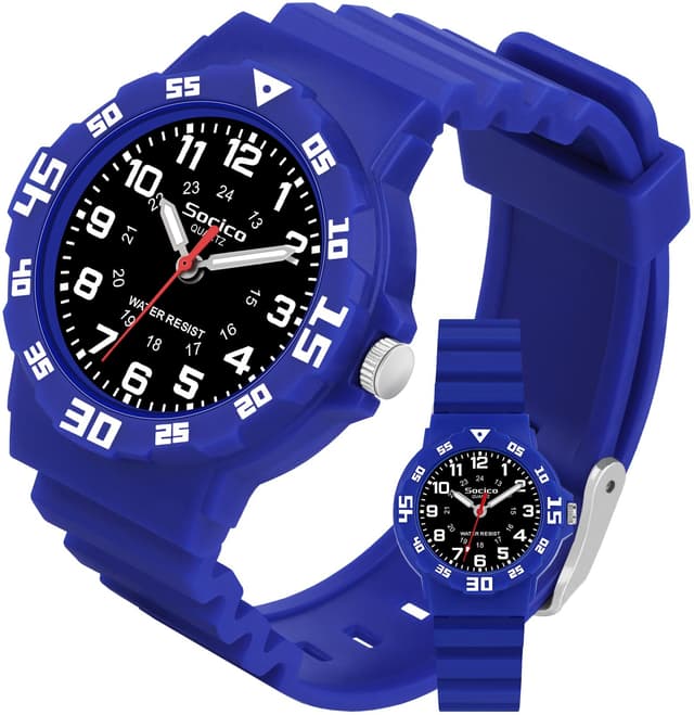 SOCICO Childrens Analog Watch, Waterproof Time Teaching Watch for Boys & Girls, Soft Comfort Band, Easy to Read Dial, Durable Learning Wristwatch for Kids, Great for School (Blue - Black face)