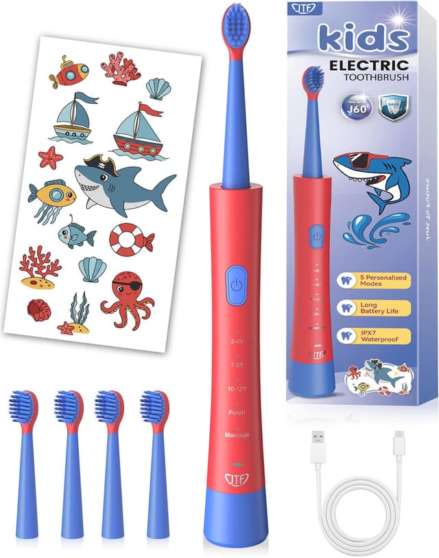 JTF Rechargeable Electric Toothbrush for Kids: 5 Gentle Modes for Ages 3+, Safe & Effective for Sensitive Teeth - with Fun DIY Stickers, 4 Soft Brush Heads, Children Sonic Toothbrush for Home & School