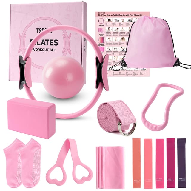TSPFUI Pilates Ring Kit for Women,Magic Circle Hoop, 5 Resistance Bands,Yoga Ball & Yoga Block,Workout Guide Included，Full-Body Pilates Workout Equipment Suitable for Beginners(14pcs) (14pcs-Pink)