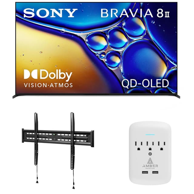 SONY K55XR80M2 55 Inch Bravia 8 QD-OLED 4K HDR Google TV with a Walts FIXED-MOUNT-43-90 TV Mount for 43"-98" TVs and Amber Protection 3-Outlet-Surge Surge Protector (2025)