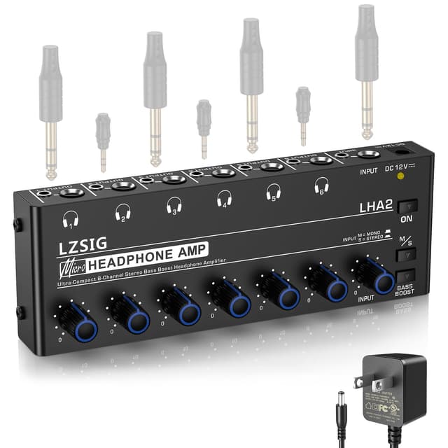 LZSIG Headphone Amplifier 6 Channel Metal Stereo Audio Amplifier with Bass Boost,Mini Earphone Splitter with Power Adapter,1/4" & 1/8" TRS Headphones Output and TRS Audio Input, DC 12V