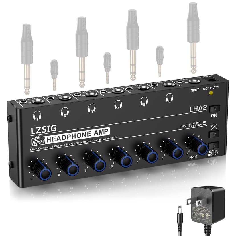 LZSIG Headphone Amplifier 6 Channel Metal Stereo Audio Amplifier with Bass Boost,Mini Earphone Splitter with Power Adapter,1/4" & 1/8" TRS Headphones Output and TRS Audio Input, DC 12V