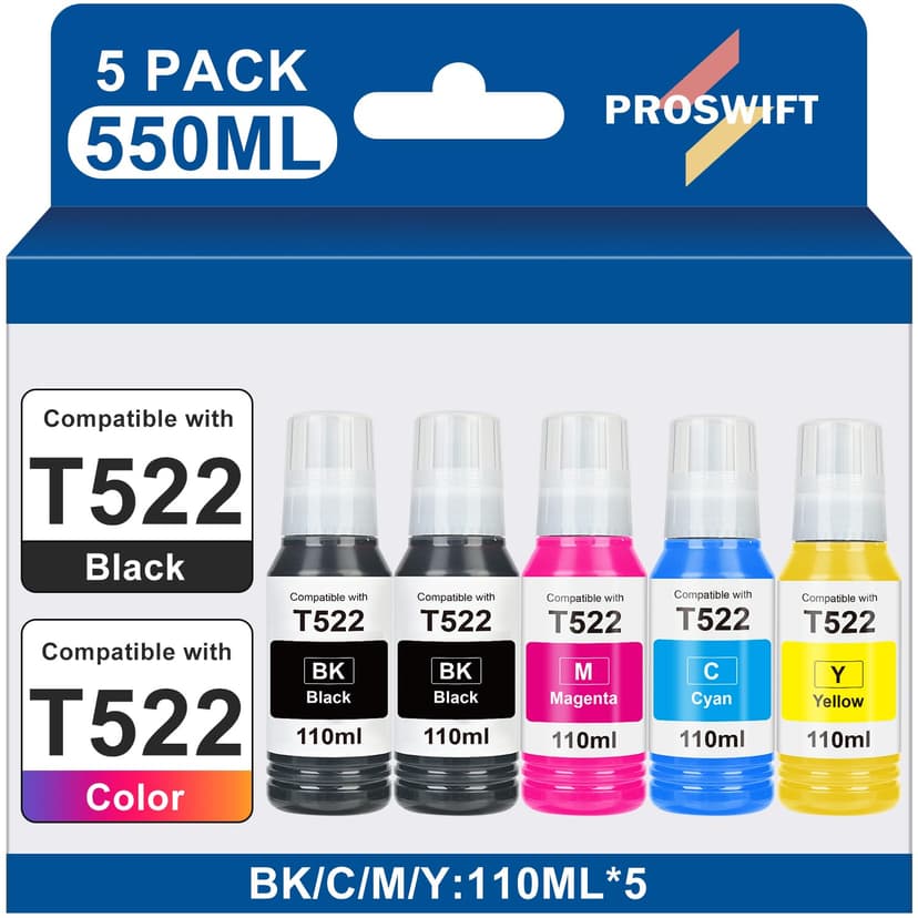 Replacement for Epson 522 High Capacity Ink Refill Bottles Works with EcoTank ET-2400 ET-2720 ET-2800 ET-2803 ET-2840 ET-4700 ET-4800 ET-4810 ET-3760 ET2760 ET2750 ET-4760 ET-2850 ET-15000 (550ML)