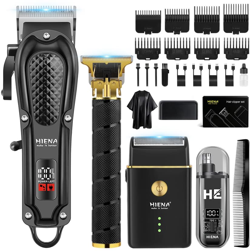 HIENA PRO Hair Clippers for Men Professional, Cordless Barber Clipper & T-Blade Beard/Hair Trimmer Set, Electric Razor Foil Shaver Nose Trimmer Barber Kit, Men's Hair Cutting Kit with 8 Guide Combs