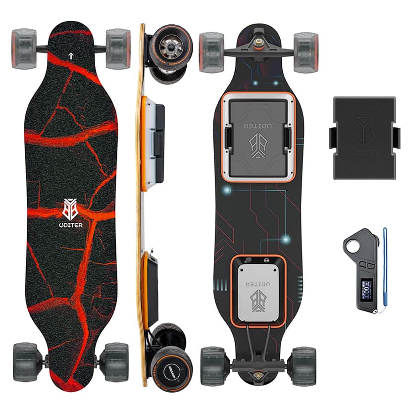 Uditer Electric Skateboards 1 Battery, S3 Electric Longboard with Remote and 10S2P 42V Swappable Battery/28 Mph Top Speed/2 * 600W Motors/12 Miles Max Range Electric Longboards for Adults & Beginners