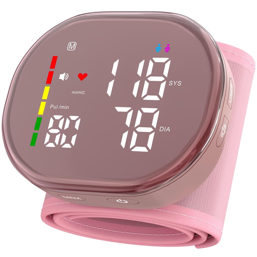 Guaever Wrist Blood Pressure Monitor Rechargeable BP Machine with 5.3"~7.7" Cuff, 2×120 Memory, One-Button Switch Memory and User, Professional Automatic Wrist BP Cuff BP Monitor for Family (Pink)