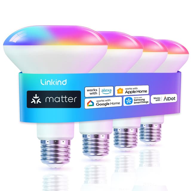 Linkind Matter Smart Light Bulb, BR30 Smart Bulbs, Recessed LED Color Changing Light Bulbs RGBTW, E26 Smart Flood Light Bulbs 650LM 60W Work with Alexa, Apple Home, Google Home, SmartThings, 4Pack