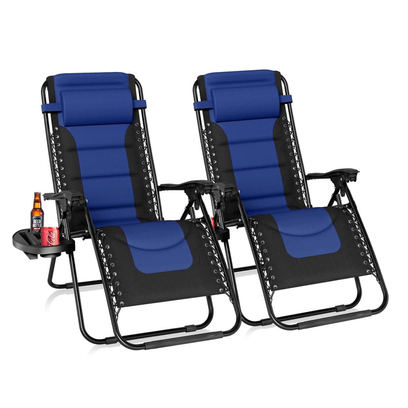 PHI VILLA Oversized Padded Zero Gravity Chair Set of 2, Foldable Patio Recliner, 26" Wide Seat Anti Gravity Lounger with Armrest and Cup Holder, Support 350 LBS (Navy Blue)