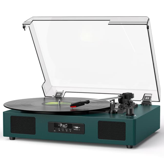 Vinyl Record Player Bluetooth with Built-in Speakers & USB Recording, Vintage Belt-Drive 3 Speeds Turntable Supports RCA Output, Auto-Stop, Green