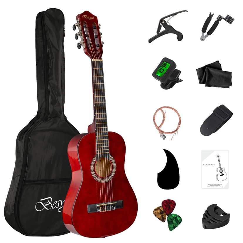 BESYOU 30in Beginner Kids Acoustic Guitar Basic Starter Kit Tuner Capo Strings Winders Strap Picks Student Youth Toddler Guitar Pickguard with Gig Bag Brown