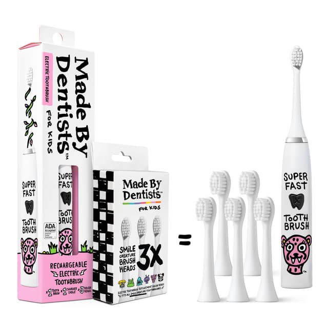 Made by Dentists Kids Electric Toothbrush - Rechargeable Vibrating Toothbrush with Timer, Includes 6 Replacement Heads, Gently Cleans Teeth, Kid & Toddlers Age 2+, Cheetah
