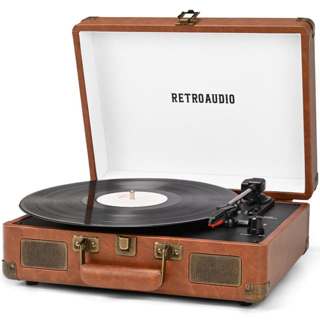 Vinyl Record Player 3-Speed Bluetooth Portable Suitcase Records Player with 2 Built-in Stereo Speakers, Belt-Driven Turntable for Vinyl Records, Support RCA Line Out, AUX Out (Brown)