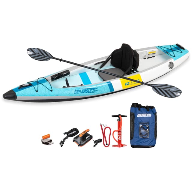 Sea Eagle EZLITE 10 Ultralight, All Woven, Drop Stitch, Rigid, High Performance, Easy Setup, 10' Solo Inflatable Kayak w/Backpack, Seat Paddle and Adjustable Footrests (EZLITE10 E Pump)