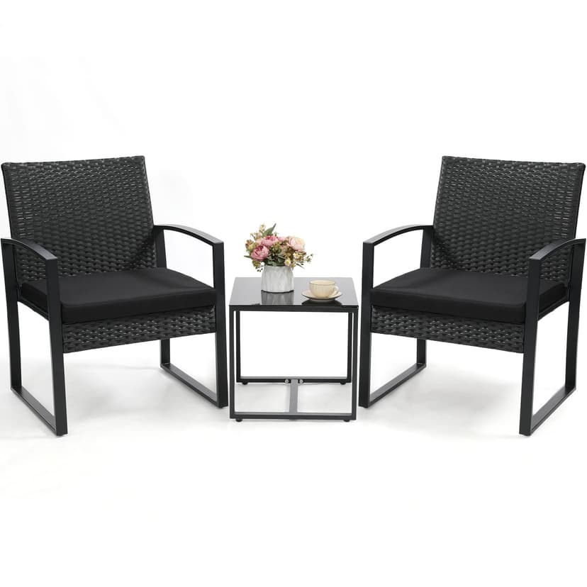 Murago 3 Piece Wicker Patio Bistro Set, Rattan Conversation Set with Coffee Table, for Balcony, Porch, Garden, Yard, Poolside, Black Frame with Black Cushion