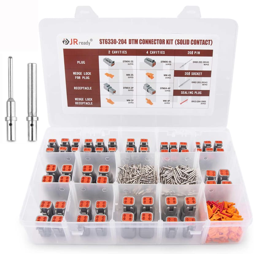 JRready ST6330-204 Deutsch DTM Connector Kits (2 Pin x16 + 4 Pin x14), Size 20 Solid Contacts for 20–22 AWG, IP67 Waterproof Connectors for Automotive/Marine/ATV Trailer Wiring Harness Repair