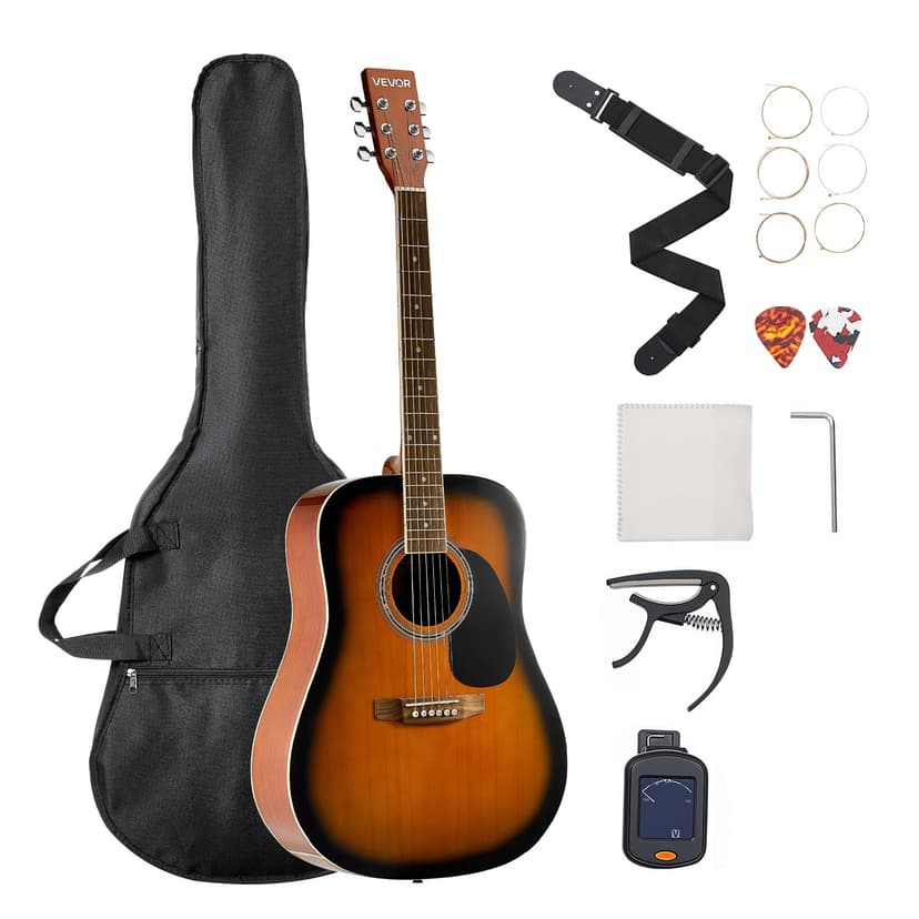 VEVOR Dreadnought Acoustic Guitar, 41 in, 6-String Sunburst Solid Spruce Top Guitar, Beginner Bundle with Gig Bag, Tuner, Strap, Strings, Picks, Capo, Rosewood Fingerboard, for Adult Taller Player