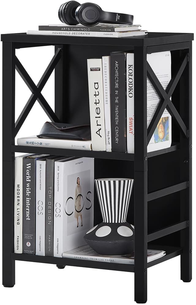 MNEETRUNG Small Bookshelf,3 Tier Industrial Bookcase with Metal Frame and Backboard,Low Black Book Shelf,Book case for Small Spaces,Living Room,Bedroom and Home Office