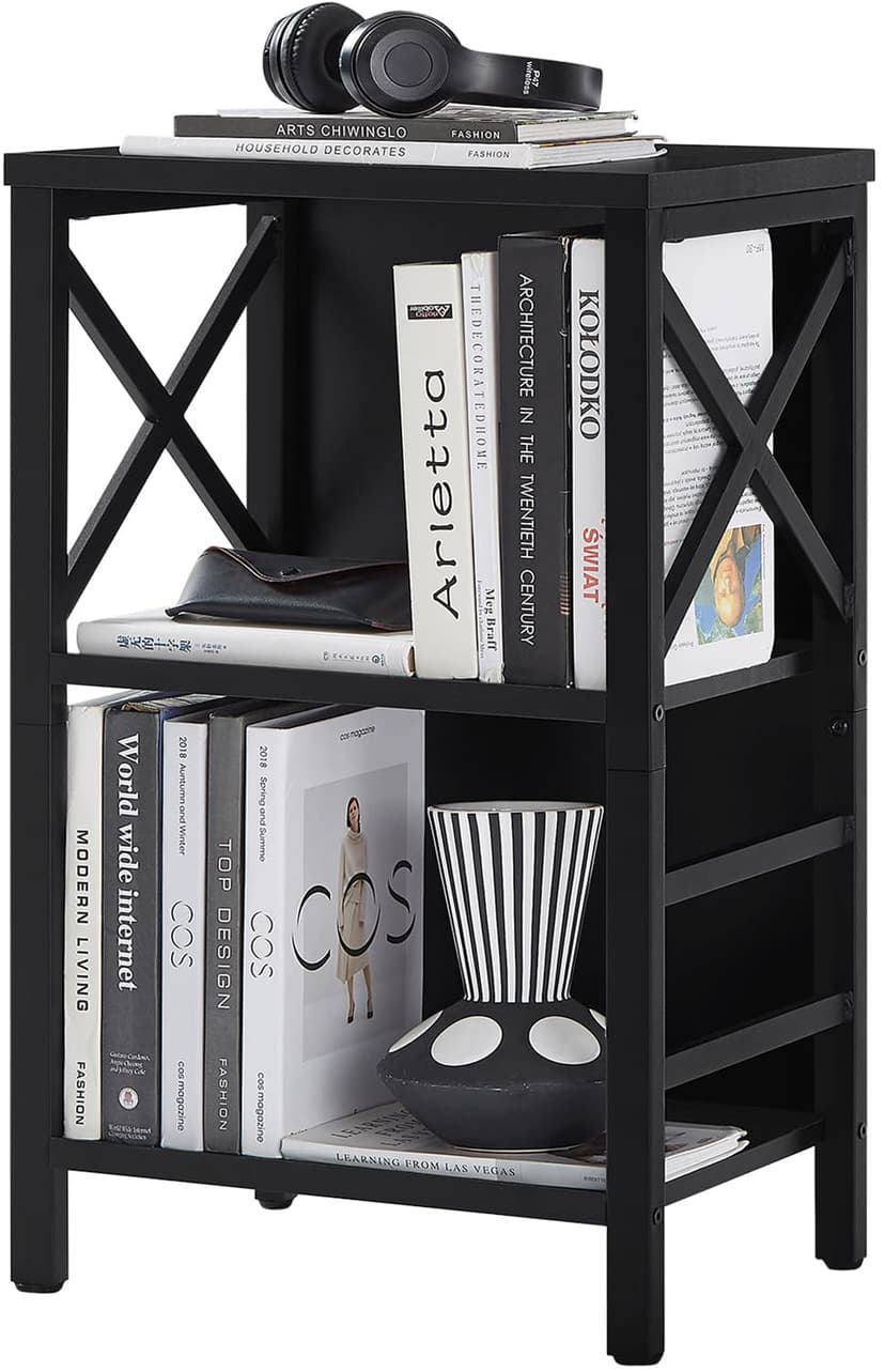 MNEETRUNG Small Bookshelf,3 Tier Industrial Bookcase with Metal Frame and Backboard,Low Black Book Shelf,Book case for Small Spaces,Living Room,Bedroom and Home Office