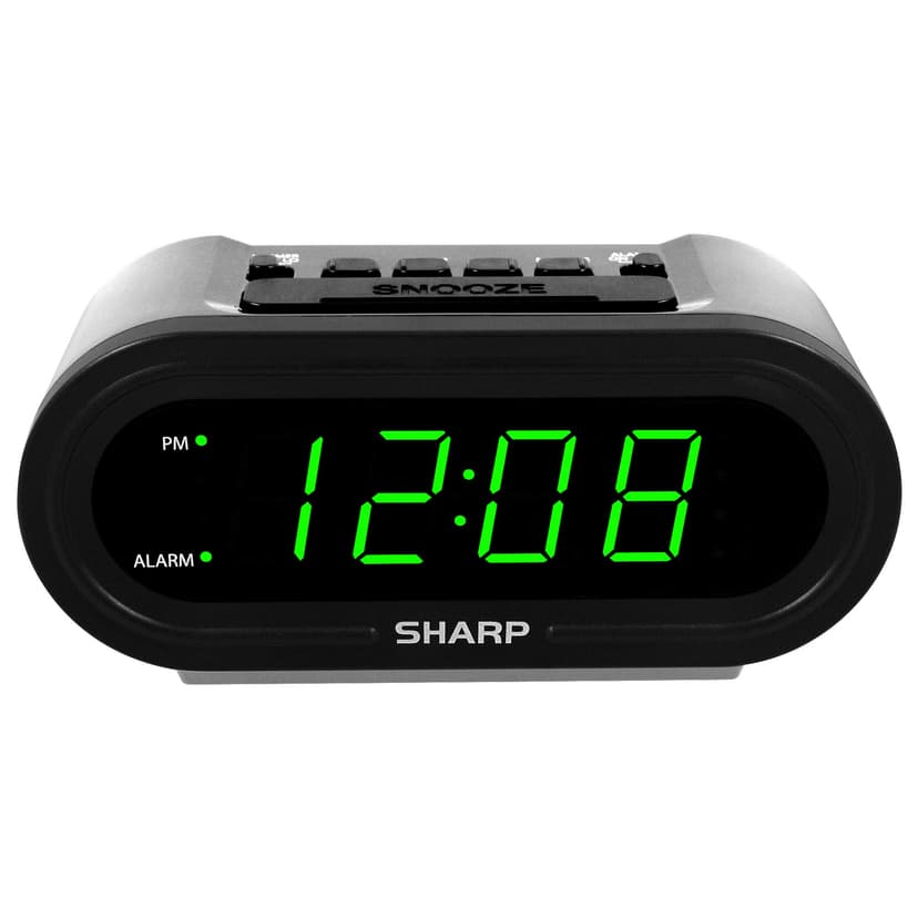 Sharp Digital Alarm with AccuSet - Automatic Smart Clock, Never Needs Setting - Great for Seniors, Kids, and Everyone who Doesn't Want to Set a Clock! Silver Case with Green LEDs