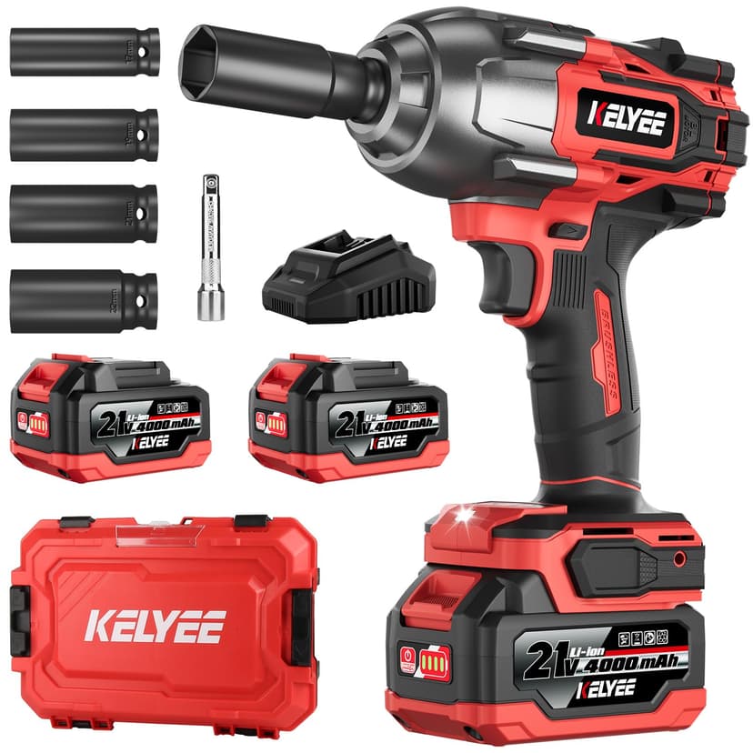 kelyee Cordless Impact Wrench 1107Ft-lbs(1500N.m), Brushless High Torque 1/2 Impact Gun with 21V 2x4.0Ah Battery, 3-Mode Speed, Electric Impact Driver with 4 Socket for Home Car Pickup Truck RV Mower