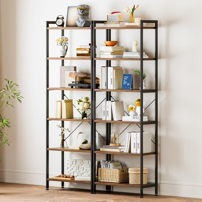 Casaottima Book Shelf Set of 2, 6 Tier Tall Bookshelf, Modern Wood Bookcase Shelves for Bedroom, Industrial Display Shelf for Living Room Home Office, Standing Shelving Unit Storage Organizer, Vintage