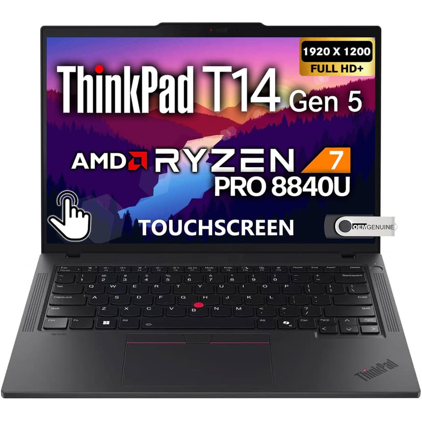 Lenovo ThinkPad T14 Gen 5 Touchscreen AI Business Laptop, 14" FHD+ Display, AMD Ryzen 7 PRO 8840U, 32GB DDR5 RAM, 1TB SSD, Fingerprint, Backlit Keyboard, WiFi 6E, RJ-45, IR Webcam, Windows 11 Pro