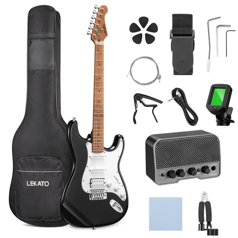 LEKATO Electric Guitar Kit Beginner 39 Inch Full Size Solid Body Guitar HSS for Starter Roasted Maple Neck Fretboard Stainless Steel Frets, 5W Mini Amp, Bag, Tuner, Capo, Strap, String, Picks- Black