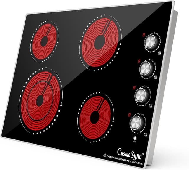 Cusinesync 30 Inch Built-In Electric Ceramic Glass Cooktop, 4 Burners, 7200W Total Power, Knob Control, Compatible with Flat-Bottom Cookware, 220-240V Hardwired