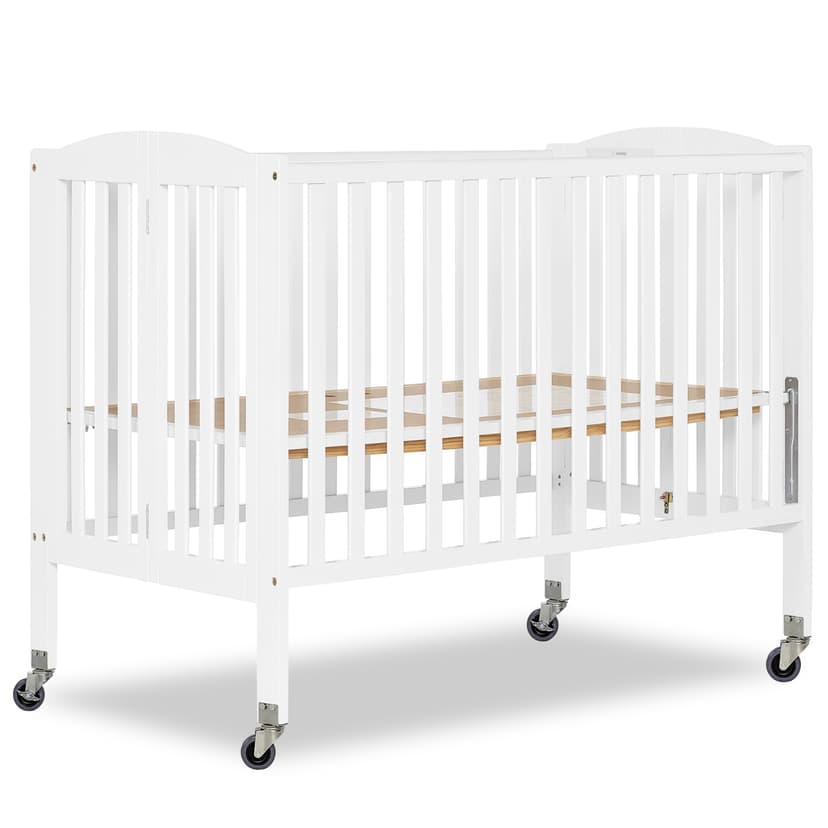 Dream On Me Folding Full-Size Convenience Baby Crib in White, GreenGuard Gold & BSA, Portable, Patented Quick Folding System, Strong Wheels, 2 Adjustable Mattress Heights