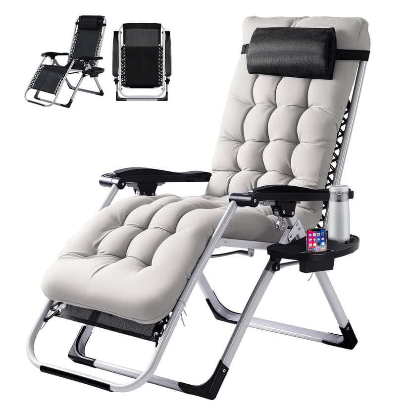 VINGLI Padded Zero Gravity Chair, Lounge Chair with Removable Cushion & Tray， Folding Reclining Patio Chairs， Recliner Chair for Lawn，Indoor and Outdoor
