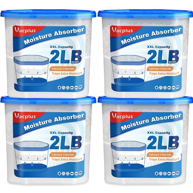 Vacplus Moisture Absorber Buckets – Large Capacity Dehumidifier and Humidity Absorber for Closet, Basement, Bathroom, RV, and Storage Areas, Unscented, 2 lbs, 4 Pack