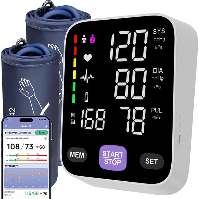 Andesfit Smart Bluetooth Blood Pressure Monitor: for Home use Come with 17" and 21" bp Cuff Arm Type Automatic XL Blood Pressure Machine AppleHealth Google fit Free APP Large and Extra Large