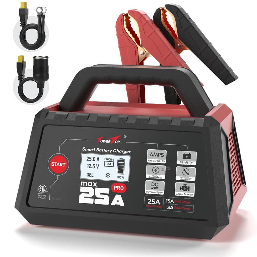 TowerTop 25A Max Pro Battery Charger: 12V Fully Automatic Smart Trickle Charger, Automotive Battery Maintainer with Engine Start, DC Supply, Winter Mode, Recondition,Desulfation, for Lead Acid/Lithium