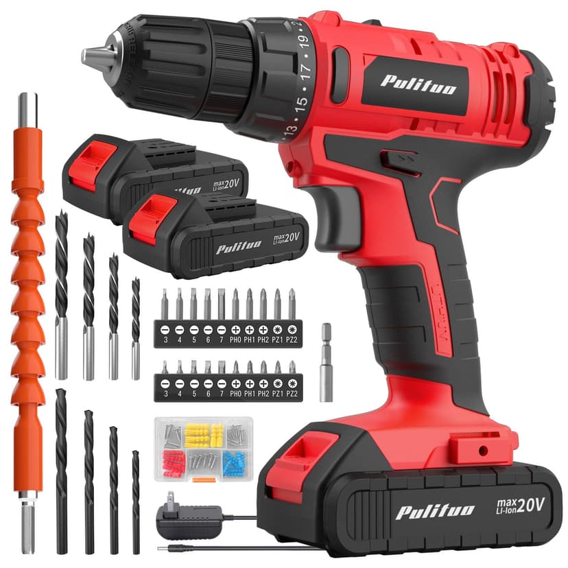PULITUO 20V Cordless Drill/Driver, 2 Batteries Electric Screwdriver, 30Nm Power Drill Driver, 21+1 Torque, 2 Speed, 3/8"Keyless Chuck, power Drill with LED Light, Drill Driver Kit for Home (Red)