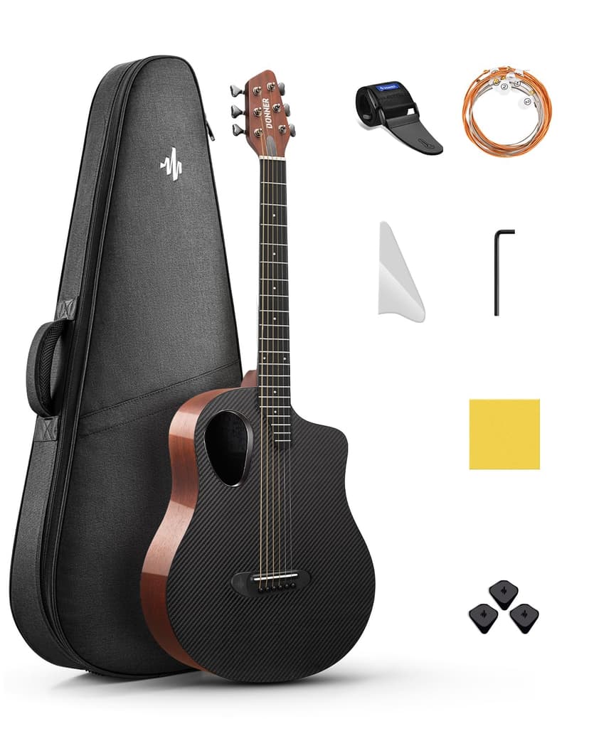 Donner Acoustic Guitar Kits for Beginners & Intermediate Learners - 38" Travel Guitar with Carbon Fiber Top, Wooden Back & Sides, Case, Strap, Steel-Strings, RISING-G1 (Gloss, Brown)
