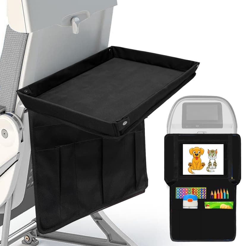 Adjustable Kids Tray Table Cover with Multi Portable Pockets, Airplane Travel Essentials for Kids, Toddlers, Adults, Airplane Must Haves, Plane Travel Essentials, Travel Tray for Plane Train, Black