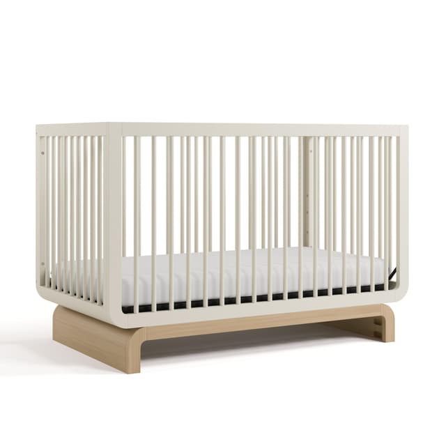 Storkcraft Santorini Convertible Crib with Toddler Guardrail (Frosted Oat & Driftwood) – GREENGUARD Gold Certified, Toddler Bed Conversion Kit Included, 100% Solid Wood, Fits Standard Crib Mattress