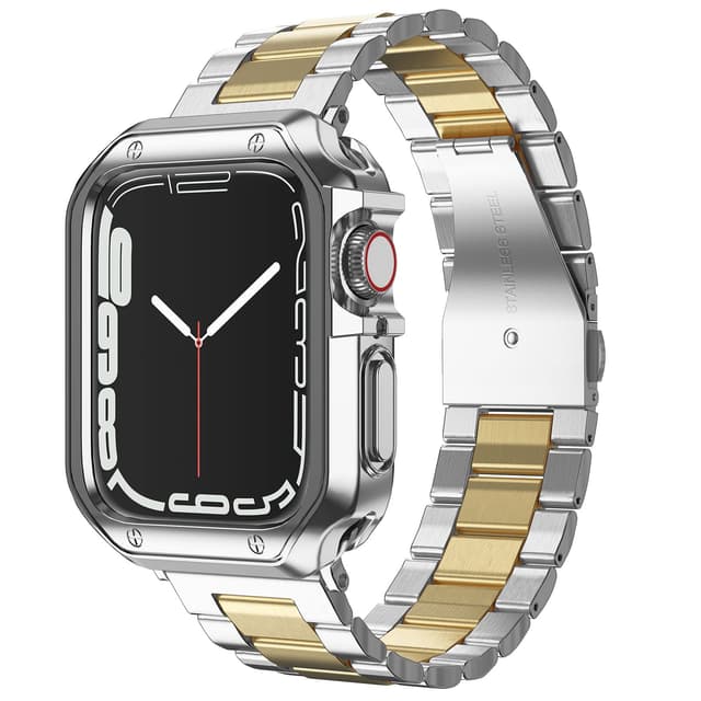 Designed for Apple Watch Band and Case, Stainless Steel Metal Chain with TPU Cover, Smart-Watch Link Bracelet Strap, Wrist-Band for i-Watch Series 9 8 7 6 5 4 3 2 1 SE, 45mm 44mm 42mm, Silver+Gold