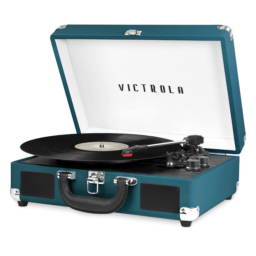 Victrola Journey Bluetooth Portable Suitcase Record Player – with Built-in Speakers, 3 Speed Vinyl Record Player, RCA Out, Headphone Jack (Blue Coral)