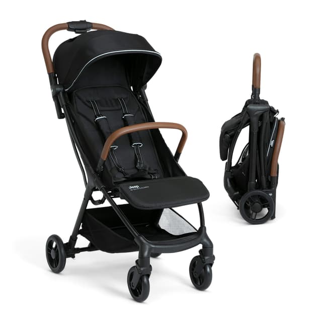 Jeep Altitude Compact Travel Stroller by Delta Children Greenguard Gold, Easy One Hand Fold, Lightweight, Extendable Canopy with Peek-a-Boo Window, Reclining Seat, 4 Wheel Suspension, Black