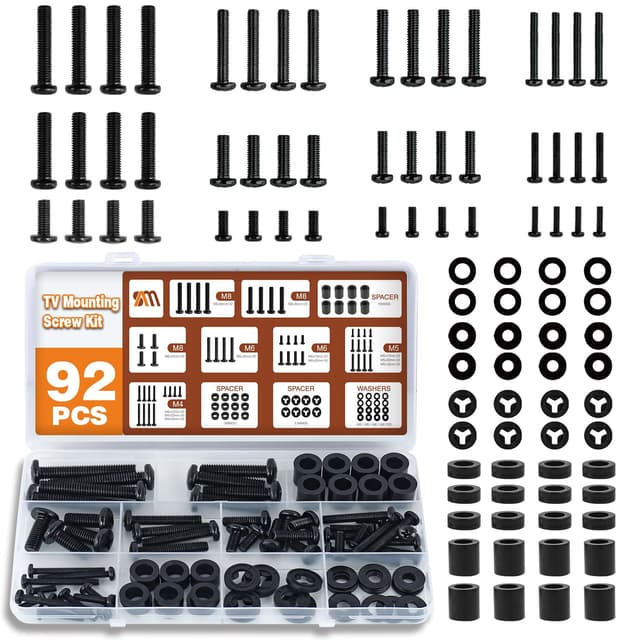 92PCS Universal TV Mounting Hardware Screw Kit Set - M4 M5 M6 M8 Screws, Spacers and Washers for Most TV/Monitor VESA Mount, TV Mount Replacement Screws with Box up to 80", Black