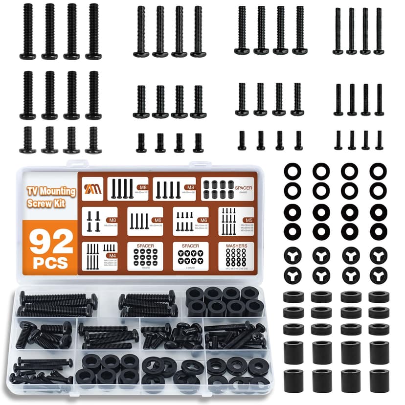 92PCS Universal TV Mounting Hardware Screw Kit Set - M4 M5 M6 M8 Screws, Spacers and Washers for Most TV/Monitor VESA Mount, TV Mount Replacement Screws with Box up to 80", Black