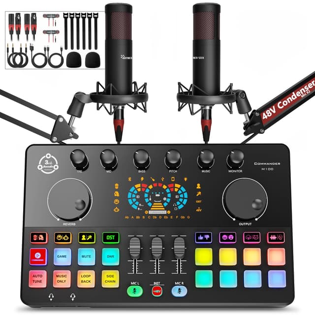 Podcast Equipment Bundle for 2, Audio Interface DJ Mixer with 48V XLR Condenser Microphone, RGB,Voice Change, for Streaming, Podcast Recording,Tiktok,PC, Smartphone COMMANDER M100 3rd