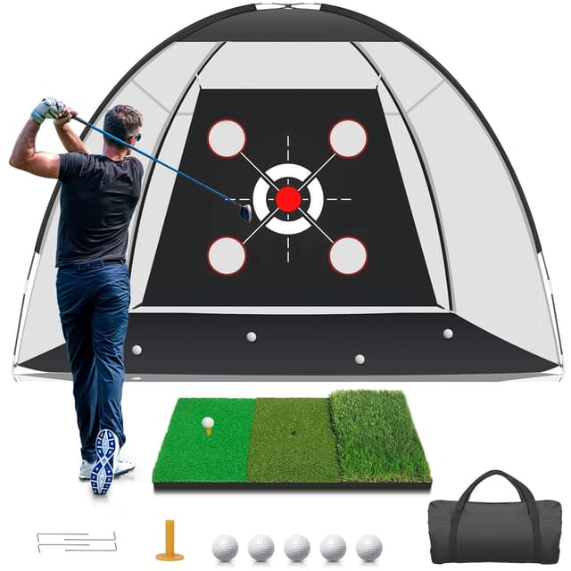 KLAODOT Golf Net with Practice Mat,Golf Hitting Aid Nets 10x7FT for Backyard Driving Chipping Training Swing with Target Mat Balls for Outdoor Indoor，Gifts for Men Dad Him and Golfer