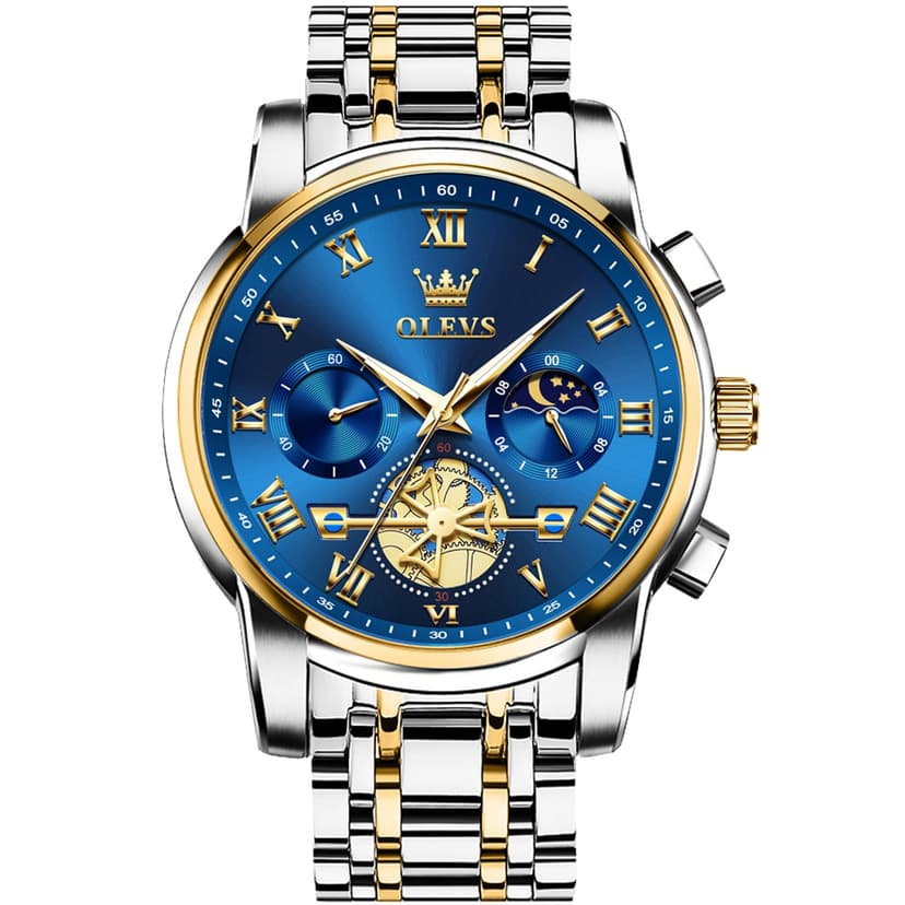 OLEVS Blue Watches for Men Analog Quartz Stainless Steel Fashion Sport Mens Wrist Watch Classic Luminous Dress Mens Watches Gold and Silver Chronograph Moon Phase Luxury Relojes para Hombres