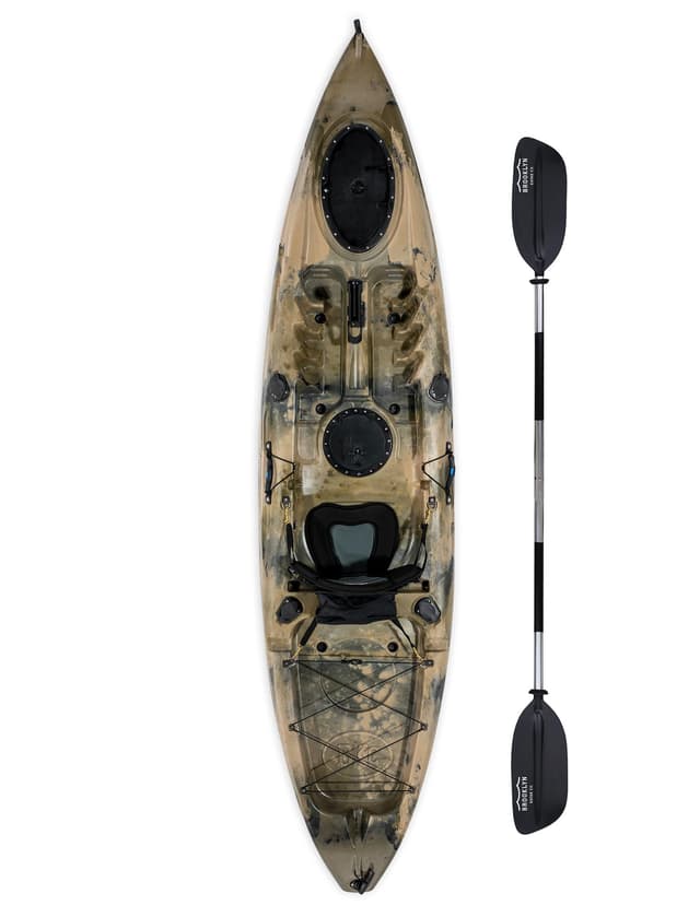 Brooklyn 11.0 Single Sit-On-Top Kayak with Paddle & Padded Seat by BKC – Stable Fishing & Recreation Kayak, 420 lb Capacity, Dry Storage Hatches, Lightweight 58 lb Design (Camo)