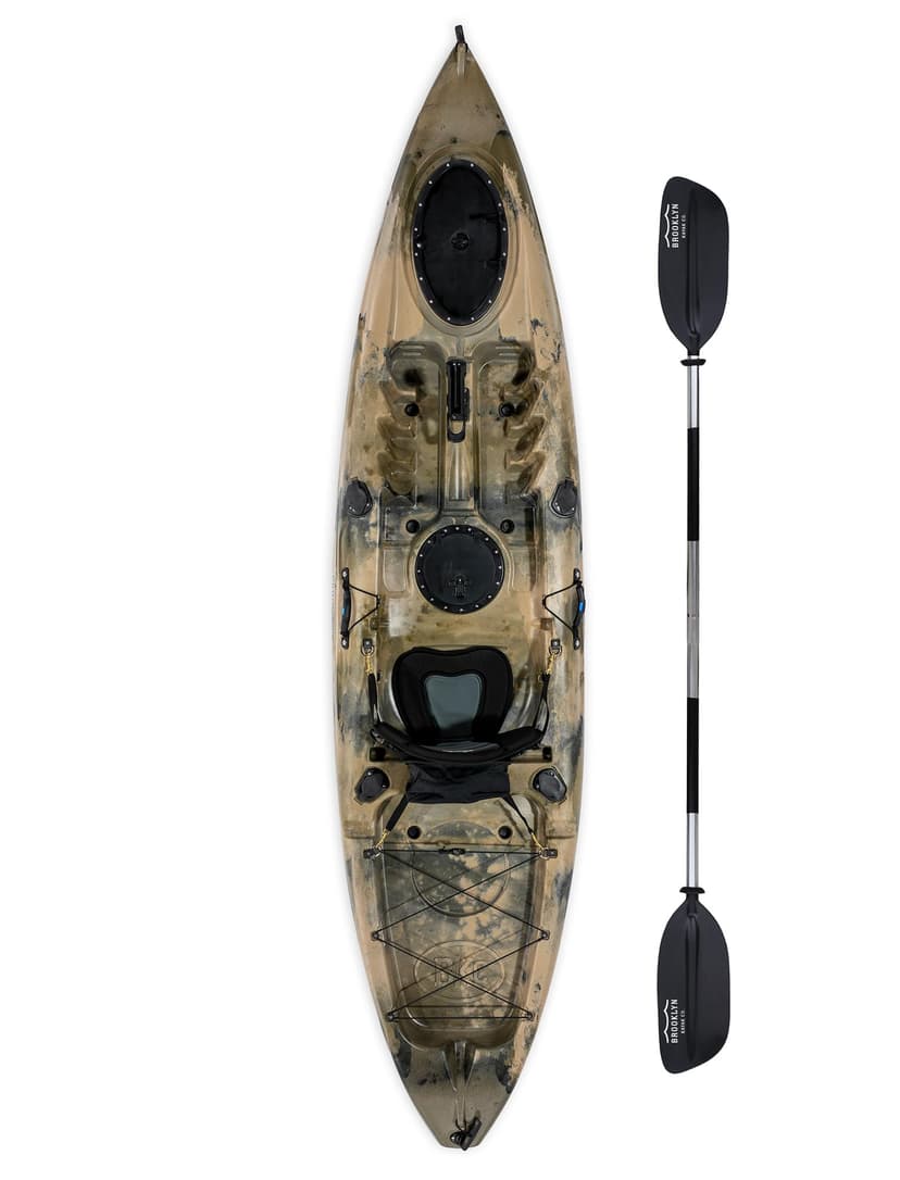 Brooklyn 11.0 Single Sit-On-Top Kayak with Paddle & Padded Seat by BKC – Stable Fishing & Recreation Kayak, 420 lb Capacity, Dry Storage Hatches, Lightweight 58 lb Design (Camo)